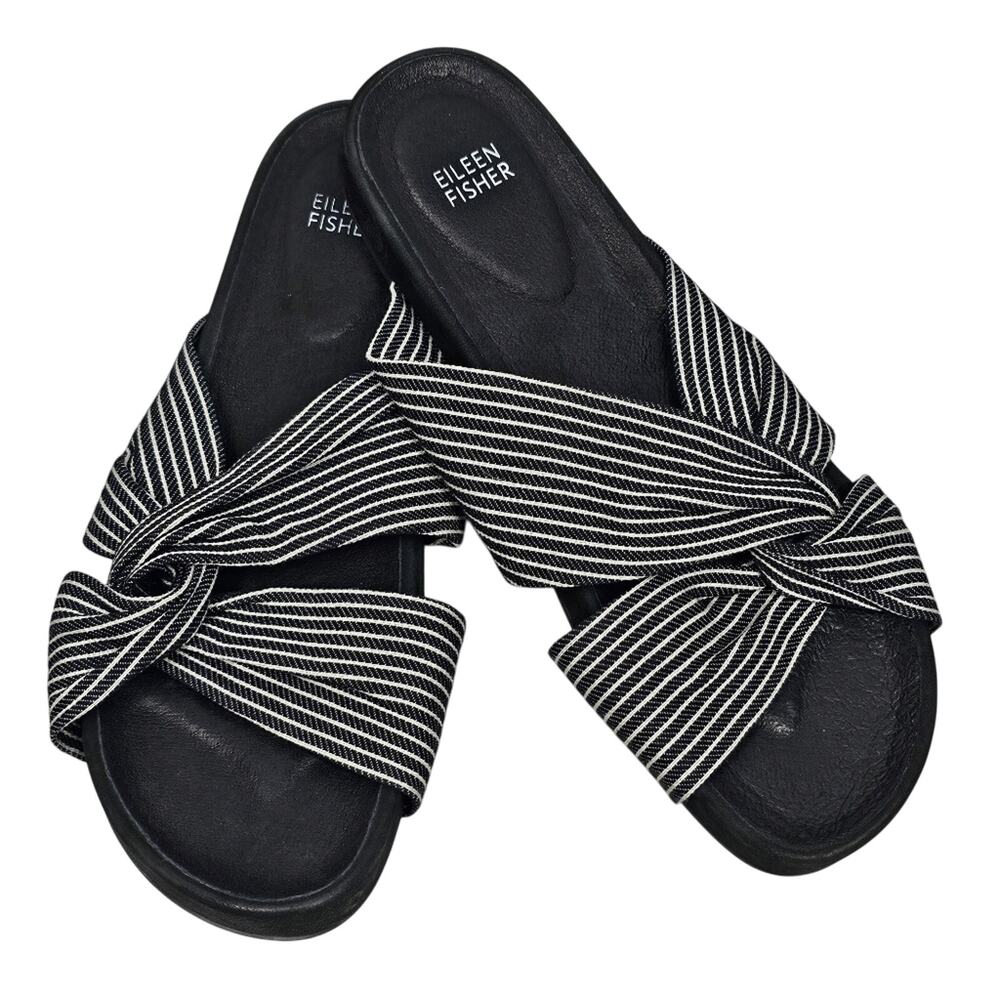 Eileen Fisher Pal Black Stripe Canvas Slides Size 10